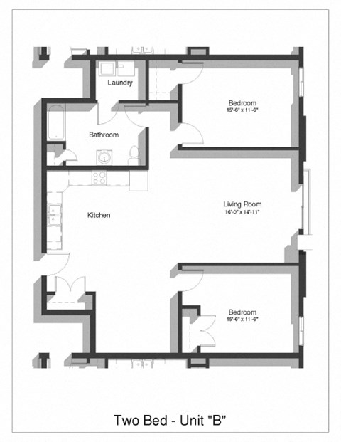 Floor plan for 2 beds, 1 bath, 1290 sqft